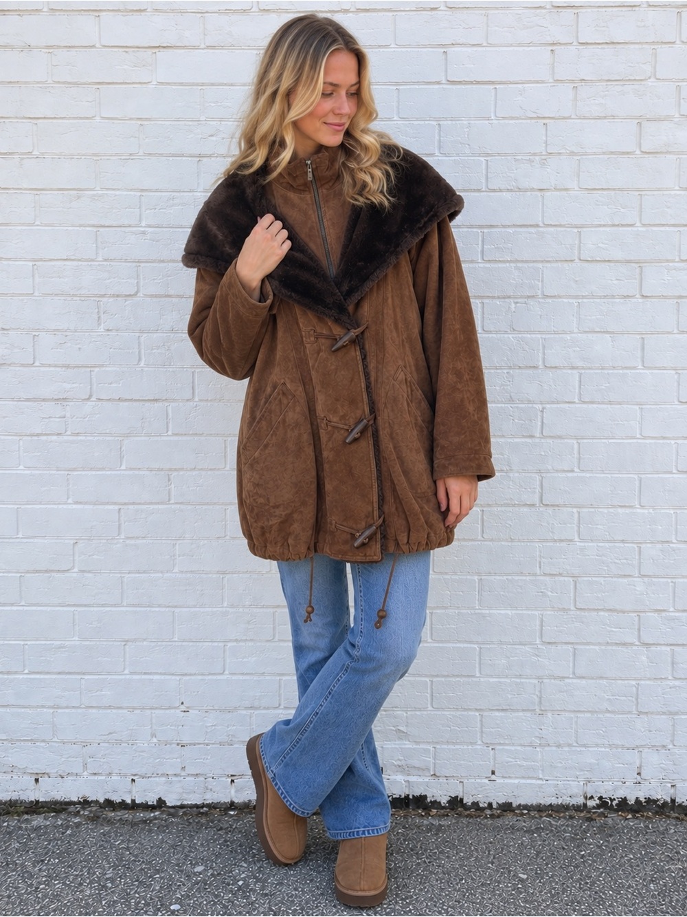 Vintage Womens XS Brown Faux Suede Faux Fur Coat Oversized Boho Western Winter